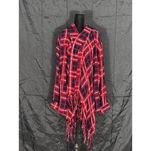 Blue Rain Womens Red Plaid Fringe Cardigan Wrap Sweater Open Front Rayon Large L